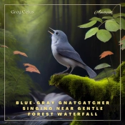 Blue-Gray Gnatcatcher Singing Near Gentle Forest Waterfall