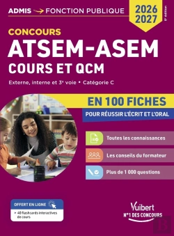 Bertrand.pt - Concours Atsem - Asem En 100 Fiches 2026-2027 - Cours Et Qcm : Externe, Interne, 3e Voie - Catégorie C