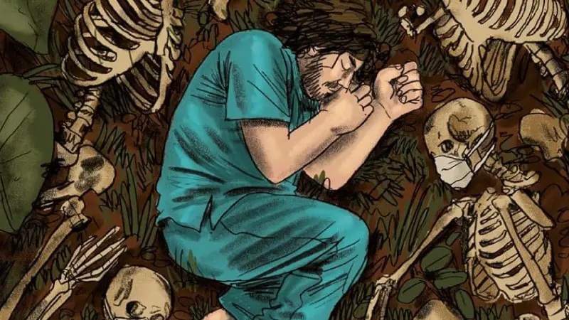 Ilustração da capa de ‘Dormindo entre Cadáveres’, por Felipe Parucci